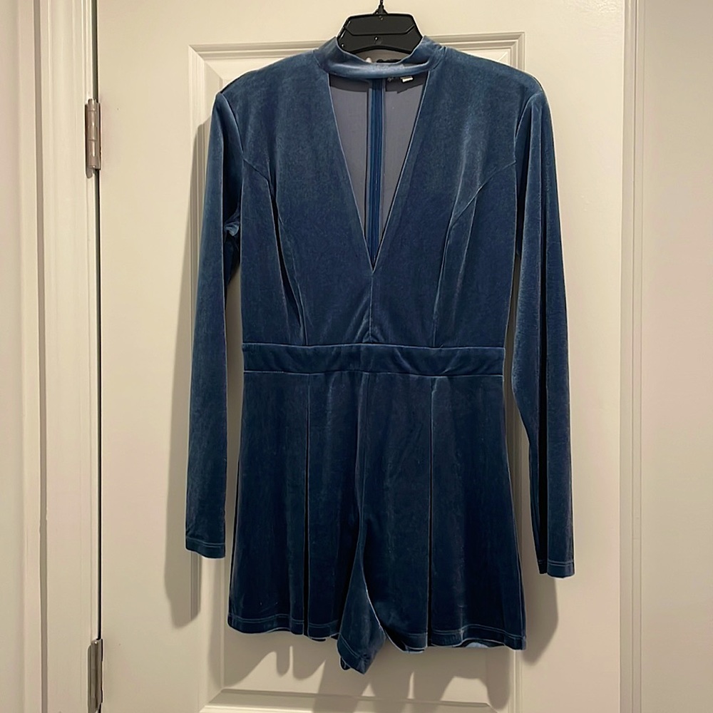 Blue, crushed velvet, long sleeve romper